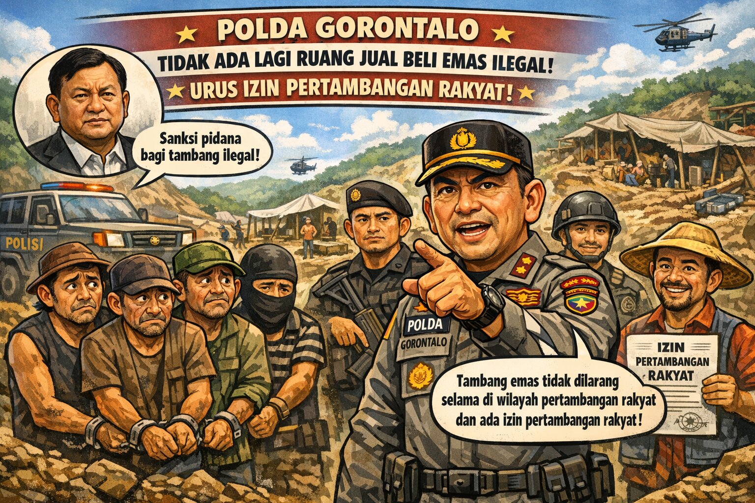 Ilustrasi Gambar antara penambang tanpa izin dengan aparat hukum